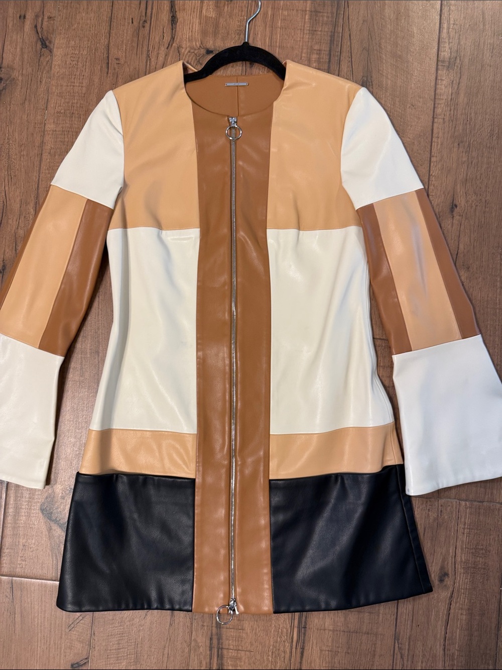 Alexis Colorblock Faux Leather Dress  in Cream, Tan, Brown & Black XS